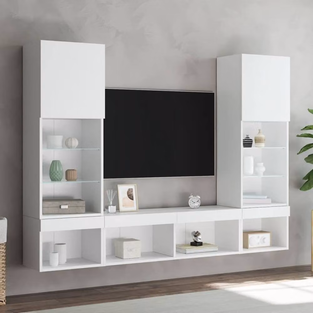 Berkfield Home 5 Piece Modern Glossy White TV Wall Unit Set with Integrated LED Lighting and Lowboard – 2