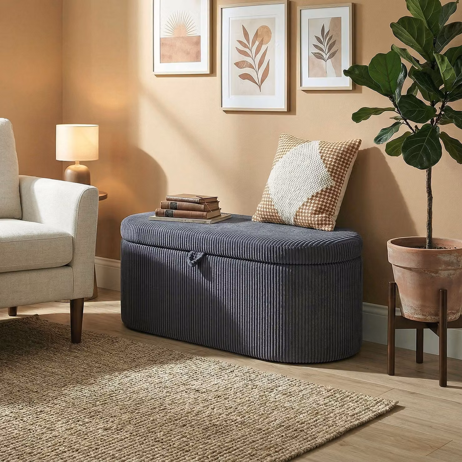 HOMCOM Corduroy Upholstered Storage Ottoman with Padded Seat, Grey, W: 105 cm, D: 51 cm, H: 49 cm – 8