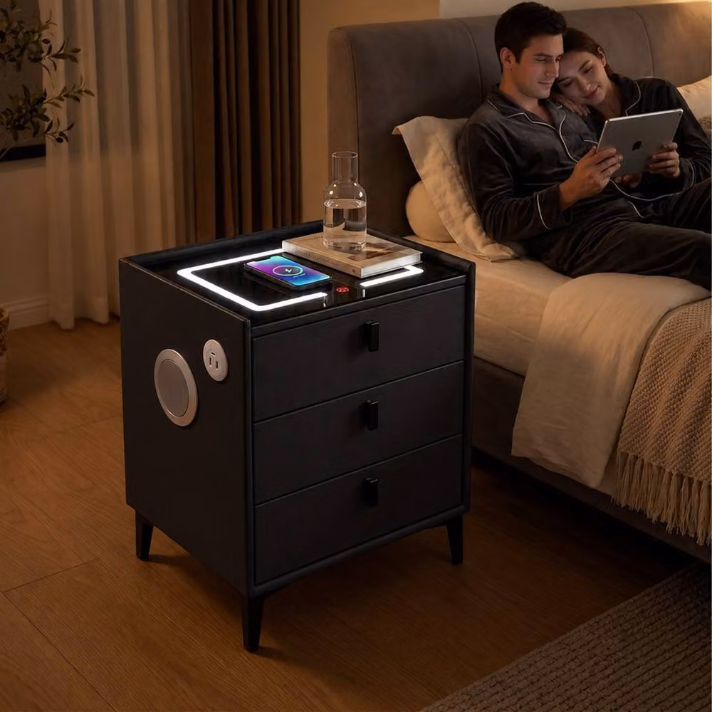Sliding Wardrobes 4U Multifunctional Black Bedside Table with LED Lighting, USB Charging Port and Bluetooth Speaker – 2