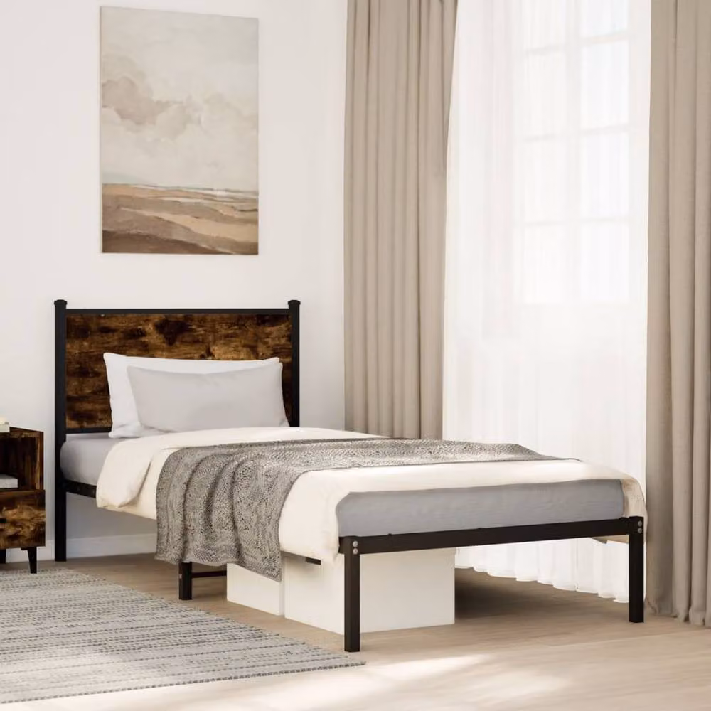 Berkfield Home Metal and Wood Bed Frame in Smoked Oak Brown, W/D/H: 80 x 190 cm – 2