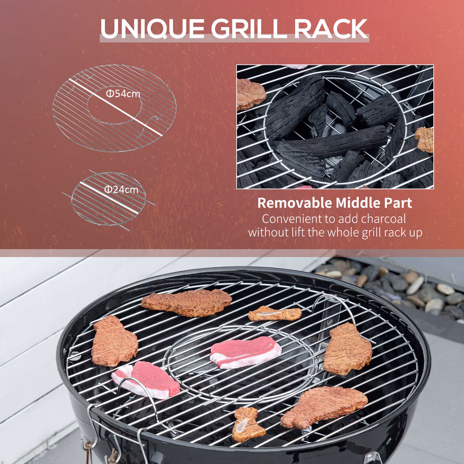 Outsunny Portable Kettle Charcoal Grill in Black with Thermometer and Wheels – 3