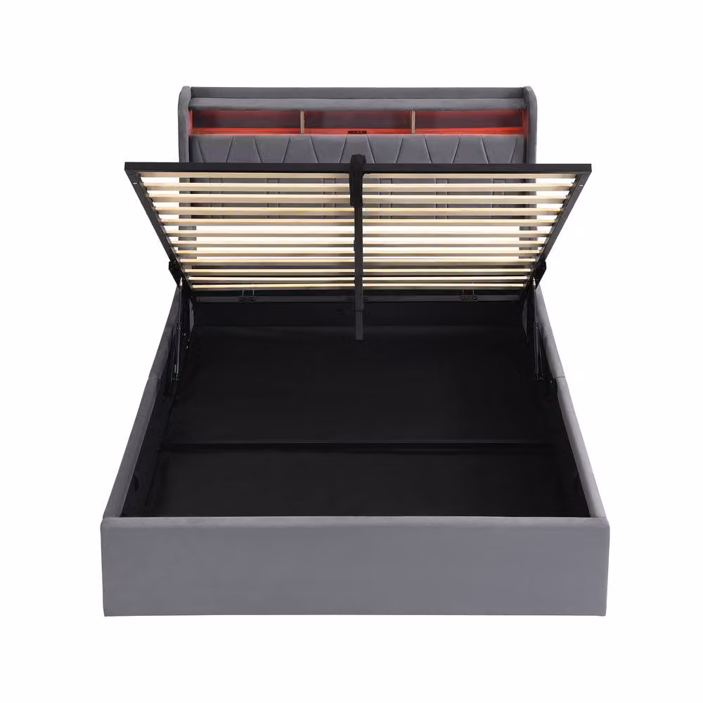 Rolipo Grey Velvet Double Ottoman Storage Bed with LED Lighting and USB Charging Port, W/D/H: 140 x 200 cm – 5