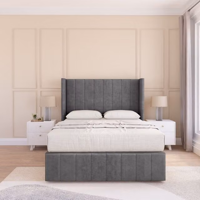 Sloomy Melbourne Plush Wingback Bed Set in Grey with Floor Standing Headboard, W/D/H: 140 x 200 cm