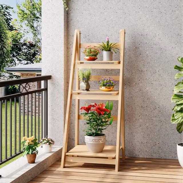 Komore Brown Wooden Foldable Ladder Shelf for Plants