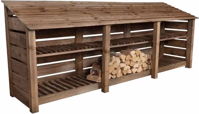 Arbor Garden Solutions Slatted Triple Bay Wooden Log Store with Kindling Shelf, Brown, Width: 126 cm