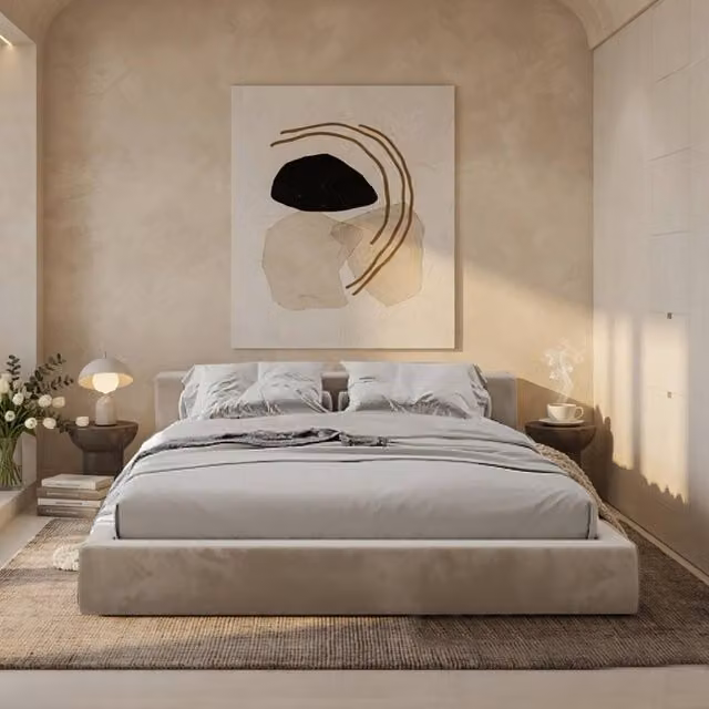 KDMD Barmston Boucle Upholstered Platform Bed Frame in Beige, Super King, W/D/H: 200 x 220 x 98 cm