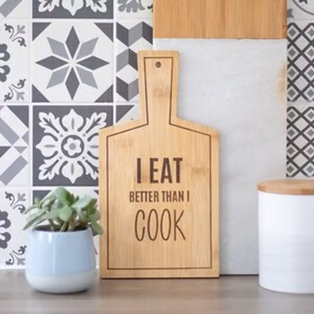 I Eat Better Than I Cook KDMK Rectangular Solid Bamboo Serving Board in Brown