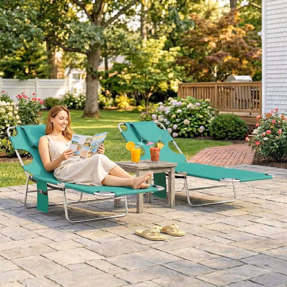 FLAVORA Set of 2 Green Sun Loungers with Adjustable Headrests and Reading Hole – 5