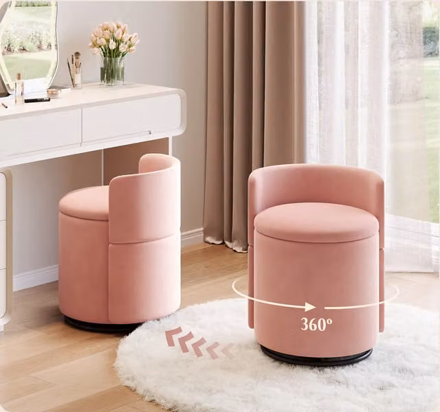 Yaheetech Pink 40L Storage Vanity Stool with 360 Degree Swivel and Backrest