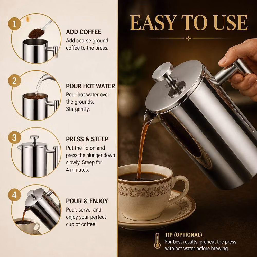 Crystals Stainless Steel French Press Coffee and Tea Filter Maker with Plunger, Metallic Silver, 800ml – 5