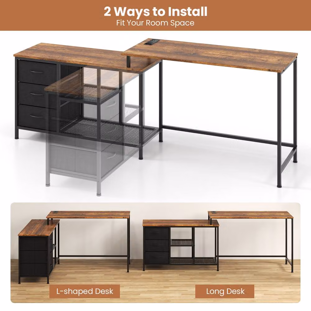 Costway L-Shaped Corner Computer Desk with 3 Drawers in Brown Industrial Style – 3