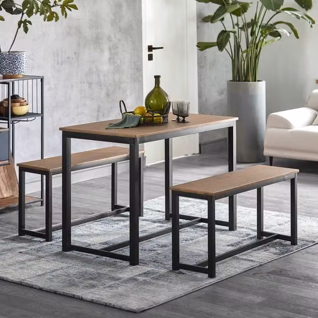 SoBuy Modern Industrial Dining Set with Table and 2 Benches in Brown and Black