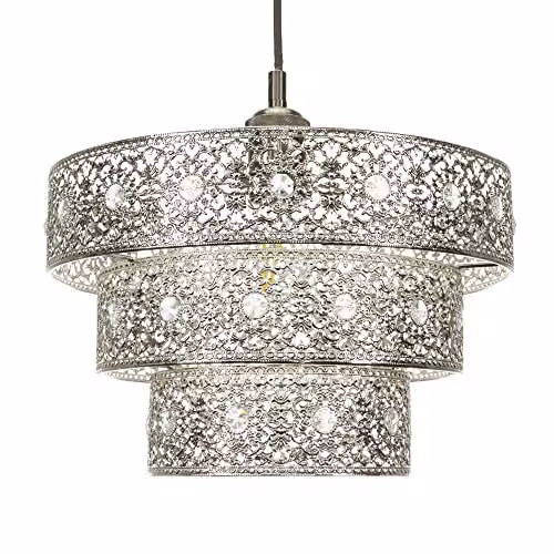 Happy Homewares Moroccan Style Triple Tier Ornate Pendant Light Shade in Polished Silver with Transparent Sparkly Beads, Diameter: 30 cm – 1