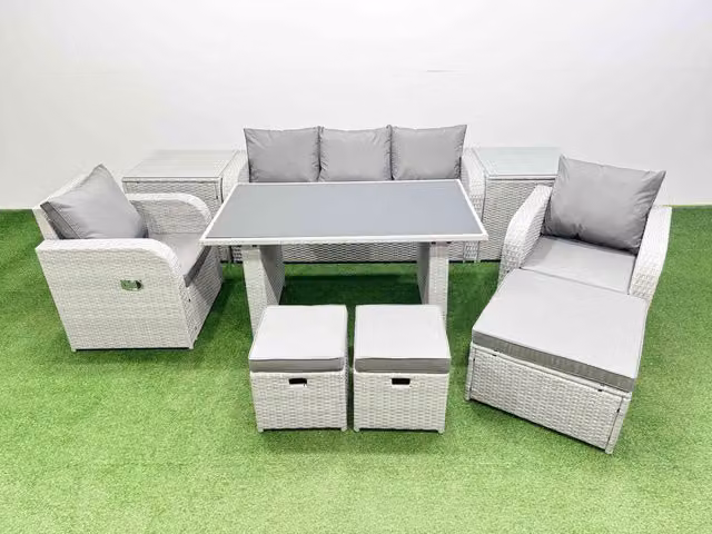 Fimous 8-Seater Outdoor Rattan Garden Furniture Dining Set with 2 Side Tables in Light Grey