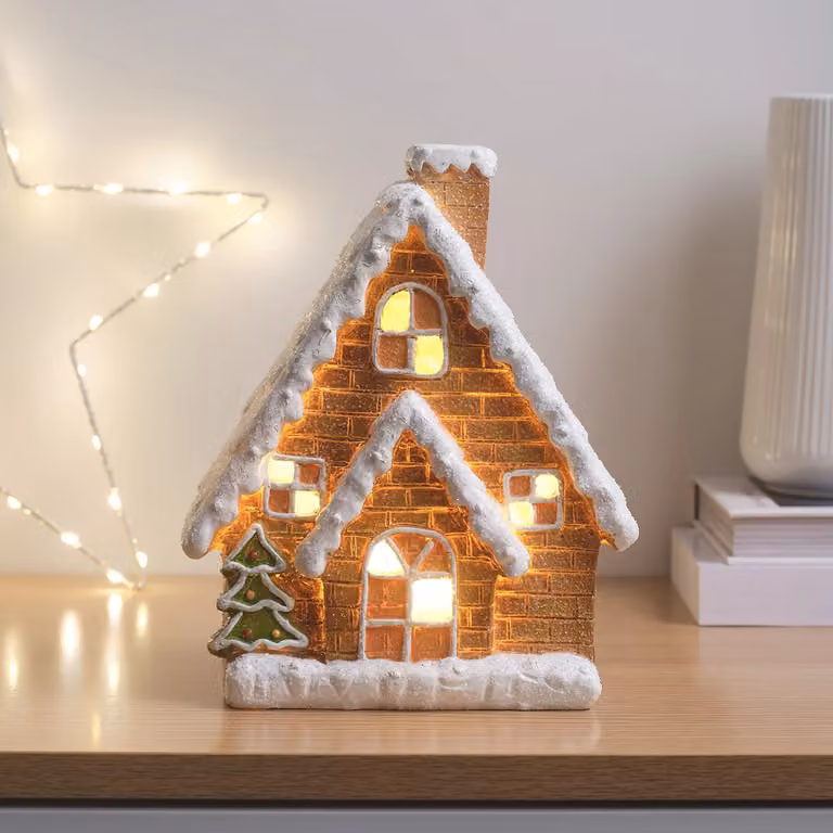 Lights4fun White Ceramic Gingerbread House Christmas Decoration with Warm White LED Lights, W/D/H: 11.0 x 19.5 x 23.0 cm