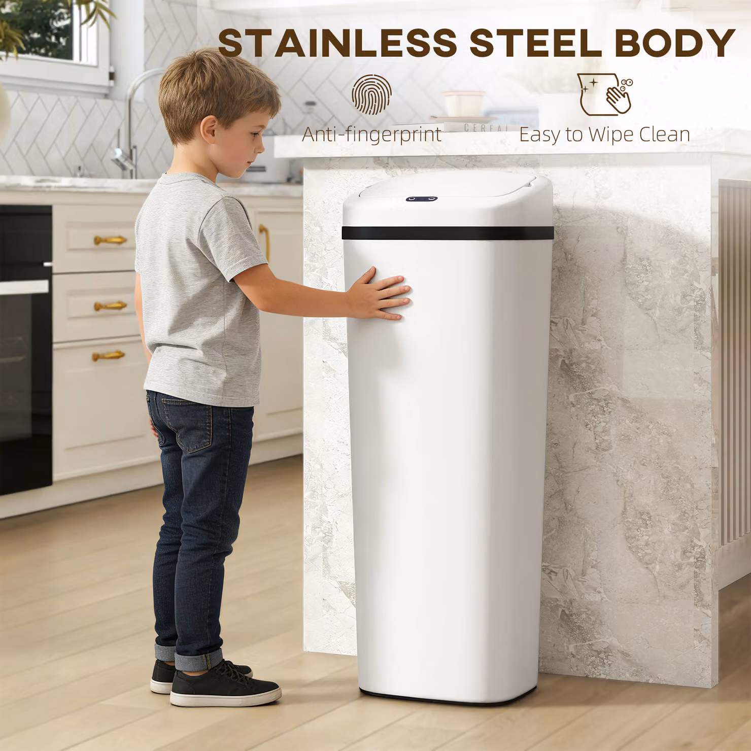 HOMCOM 50L Stainless Steel Sensor Bin in White with Fingerprint-Proof Finish – 3
