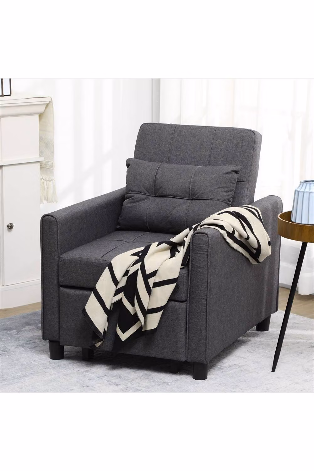 ERGOVEXA Grey Linen-Look Single Chair Bed with Armrests and Spring Core – 3