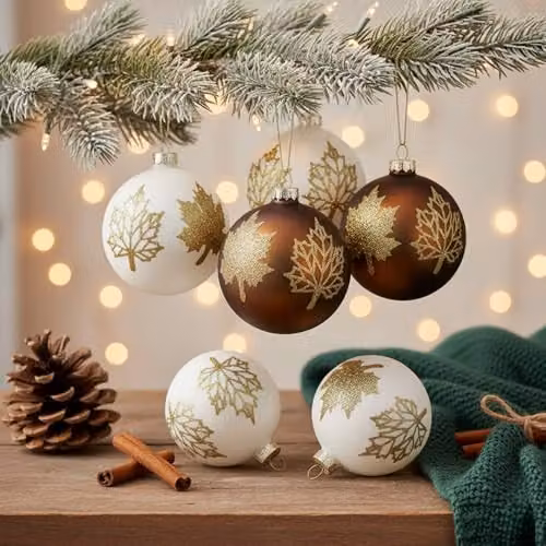 Shatchi 12-Piece Set of Classic Floral Glass Baubles in White, Gold and Brown for Christmas, Weddings or Parties, Diameter: 8 cm – 7