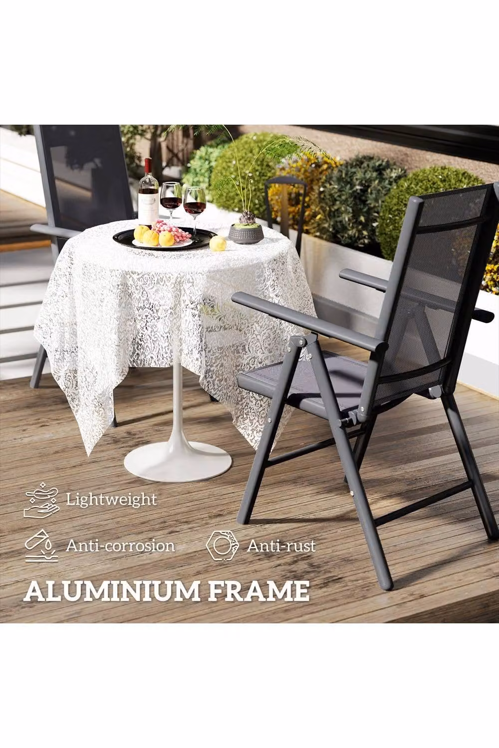 ERGOVEXA Set of 2 Folding Garden Chairs in Dark Grey with Armrests and Powder Coated Aluminium Frame – 4
