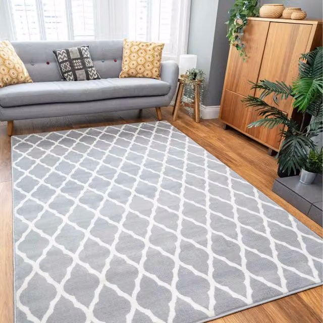 The Rug House Classic Trellis Geometric Living Room Rug in Grey and White, W: 170 cm, D: 120 cm