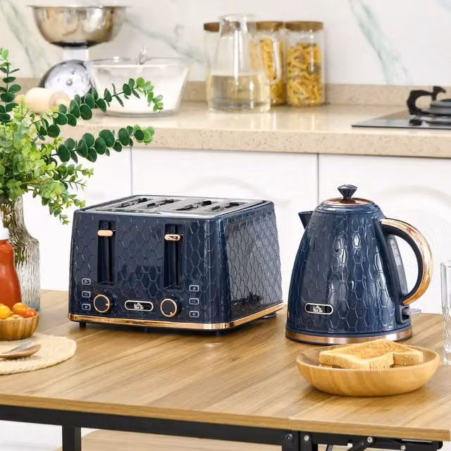 HOMCOM Blue Kettle and Toaster Set with 1.7L Capacity and Defrost Reheat Functions