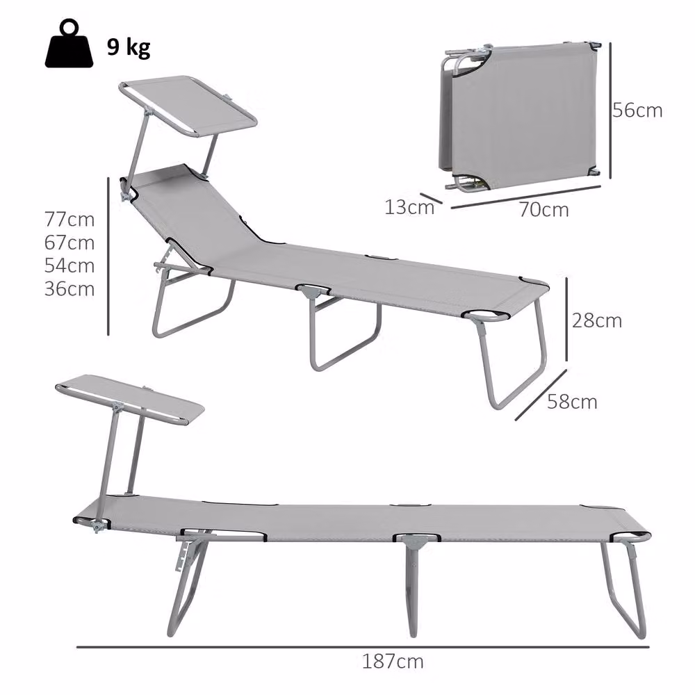 OUTSUNNY Set of 2 Folding Sun Loungers with Sunshade and Adjustable Backrest in Light Grey – 2