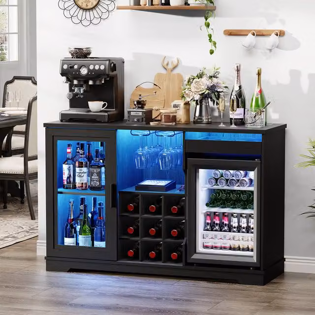 BROTTAR Coffee Bar Cabinet with Integrated Fridge and Glass Doors, Black, W/D/H: 120 x 40 x 78 cm