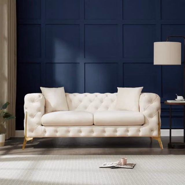 Panther Chesterfield Design Velvet Fabric Sofa in Cream