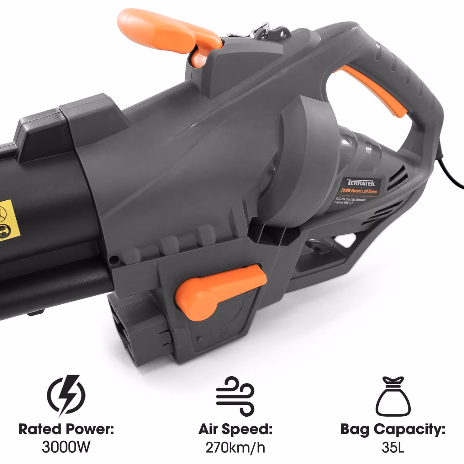 Terratek 3000W Corded Leaf Blower and Vacuum, 3-in-1 Mulcher with 35L Bag, Grey – 2