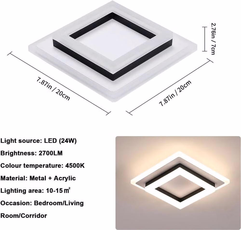 COMELY Modern 24W LED Square Ceiling Light with Warm White 3000K Illumination – 3