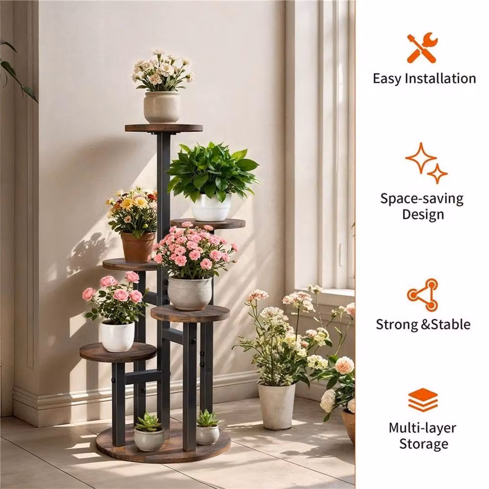 Kelvenix Retro Tiered Plant Stand in Brown with Metal and Wood Shelves, H: 83.0 cm x W: 33.0 cm x D: 5.0 cm – 4