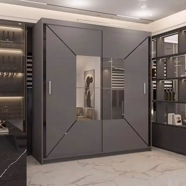 Sliding Wardrobes 4U Modern Double Sliding Wardrobe with Integrated LED Light and Mirror in Grey, W: 203 cm, H: 217 cm, D: 62 cm – 1