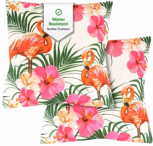 Gardenwize Pack of 2 Multicolour Flamingo and Palm Print Square Outdoor Scatter Cushions