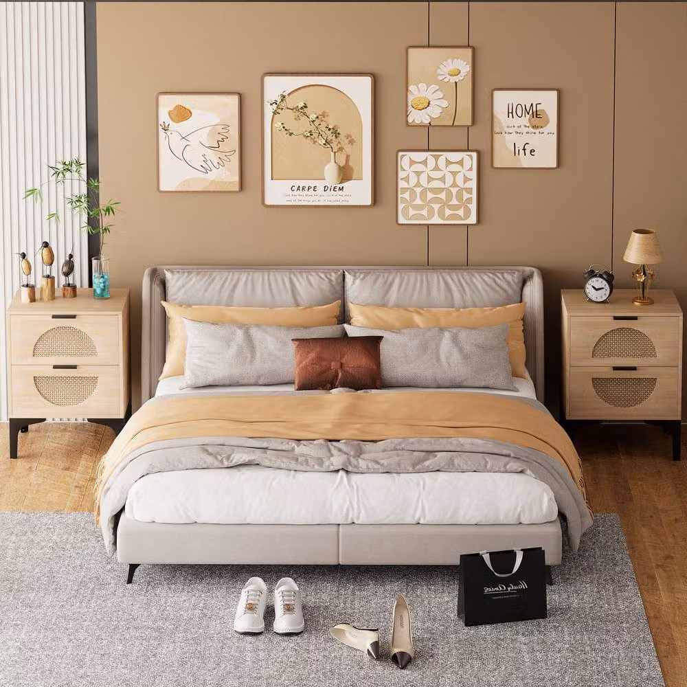 Huhote Boho Bedside Table Set of 2 with Rattan Drawers in Brown – 2