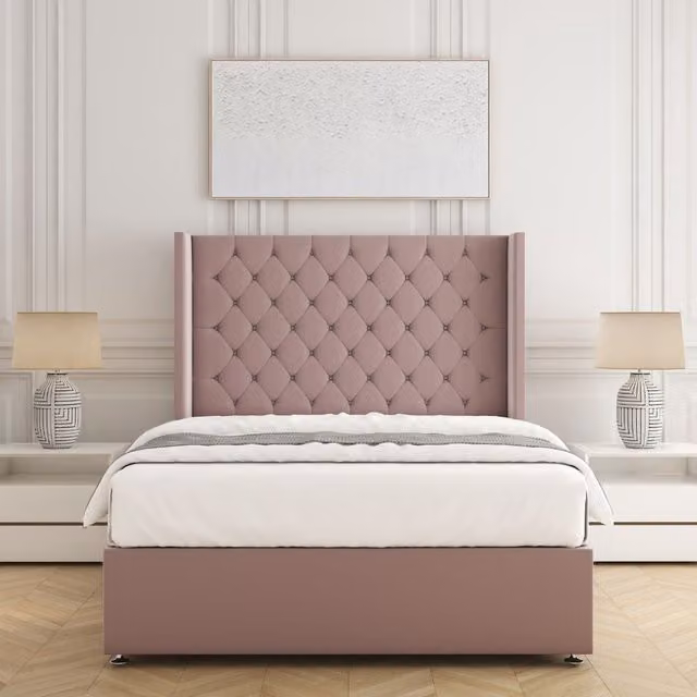 BSSPOKE Winchester Double Divan Bed Set with 54 inch Headboard and Mattress in Pink Plush Velvet, W/D/H: 140 x 200 cm