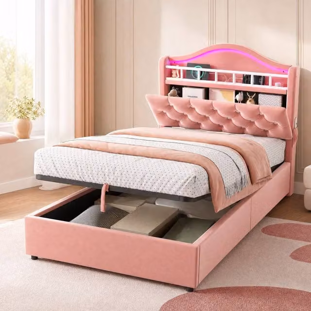 STILVORA Pink Velvet Upholstered Single Bed Frame with Lift Up Storage Base, W/D/H: 90 x 190 cm