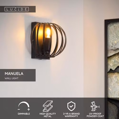 Lucide Manuela Modern Dimmable Metal Wall Light, Black, E14 – 2