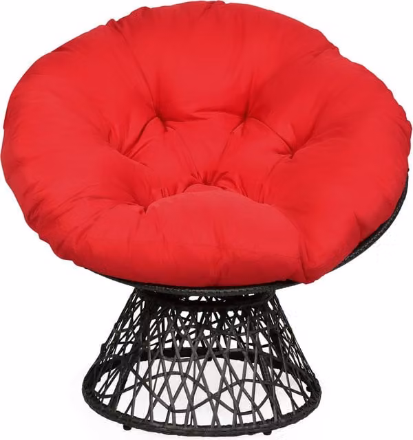 Costway Red Rattan Papasan Lounge Chair with Swivel Metal Frame and Fabric Cushions