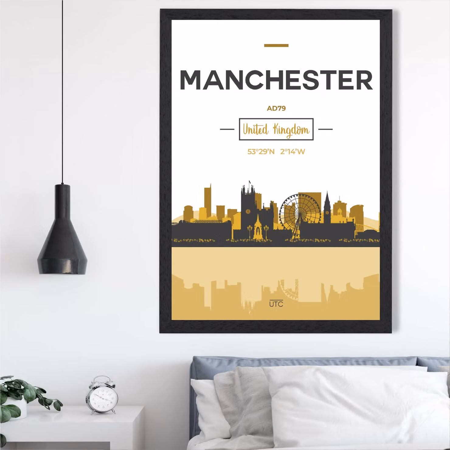 ARTZE Manchester City Skyline Framed Print in Yellow and Black, A3 Size – 2
