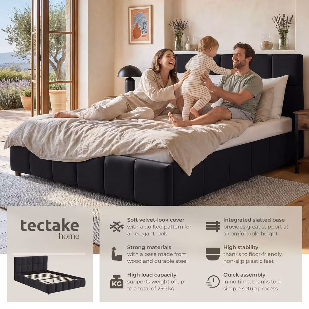 tectake Shirley Upholstered Super King Bed with Slatted Frame and Lift Up Base in Black – 2