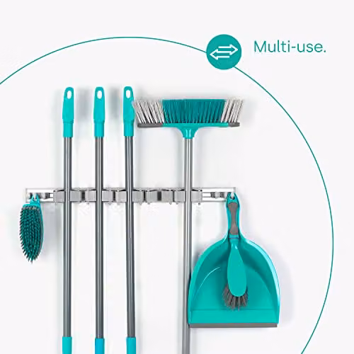 LIVIVO Wall Mounted Mop and Broom Holder with 5 Grippers and 6 Hooks, Grey – 3