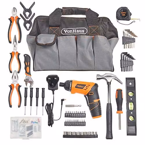 VonHaus 94pc Cordless Hand Drill and Household Tool Kit in Black with 3.6V Rechargeable Lithium-ion Screwdriver and Steel Tools – 5