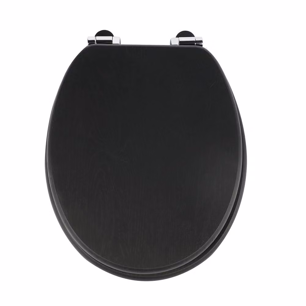 SINOBATH Universal Oval MDF Toilet Seat with Soft-Close and Antibacterial Finish, Black, W: 43.5 cm, D: 37.5 cm, H: 5 cm – 7