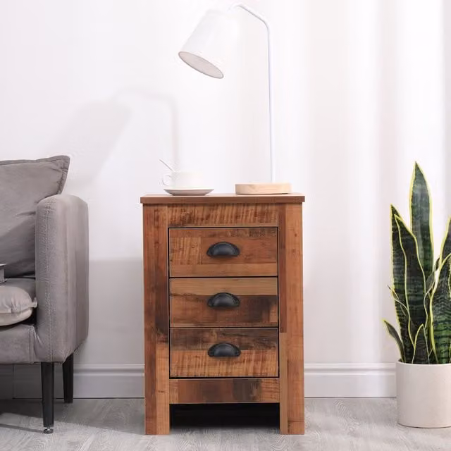 HMD Furniture Rustic 3 Drawer Bedside Table in Brown and Black