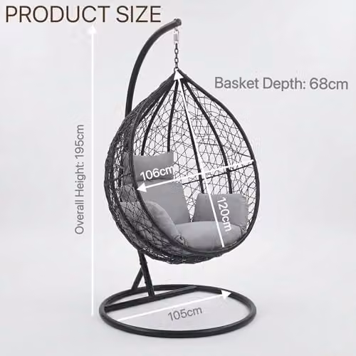 Alivio Grey Rattan Hanging Egg Chair with Stand and Cushions for Garden and Balcony – 4