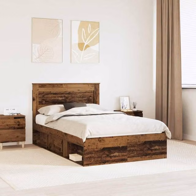 Berkfield Home Bed Frame with Headboard in Brown Old Wood, W: 135 cm, L: 190 cm – 1