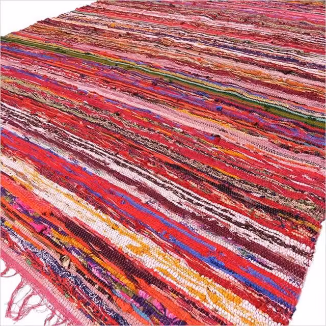 KDMK Red and Yellow Striped Boho Rag Rug in Multicolour