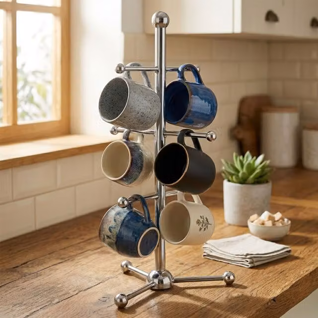 Orsina Omega Ball Design Freestanding Metal Mug Tree in Silver – 2