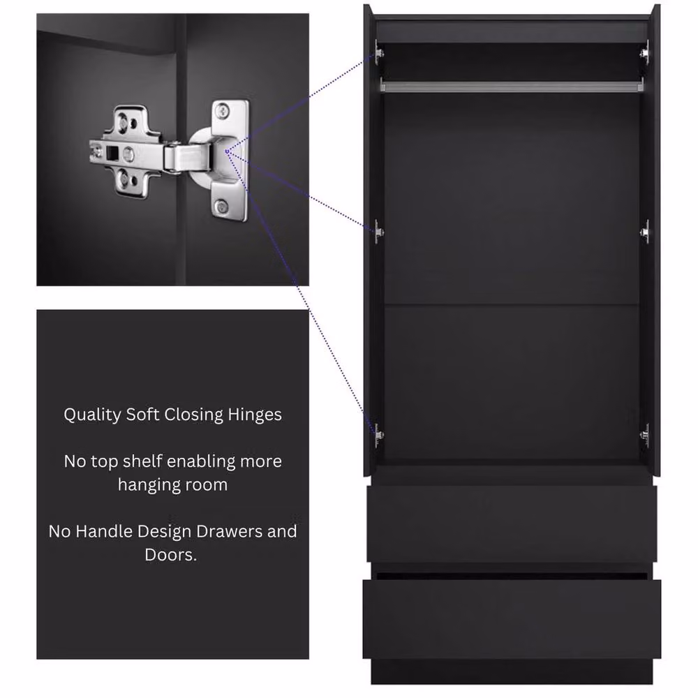 SPETLEK Modern Black Combination Wardrobe with 2 Hinged Doors and 2 Large Drawers – 2