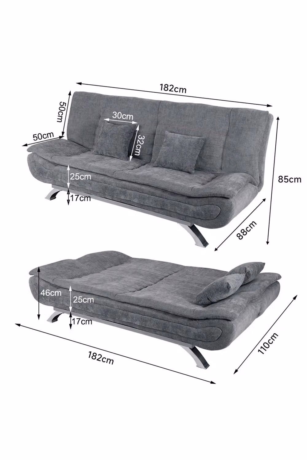 Livingandhome Grey Linen 2-Seater Click-Clack Convertible Sofa Bed with Scatter Cushions – 2
